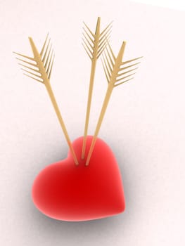 3d rendered illustration of a red heart hit by golden arrows