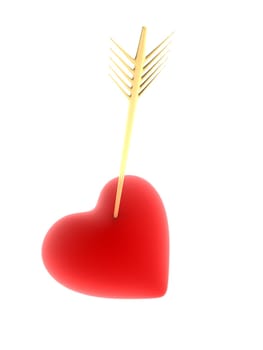 3d rendered illustration of a red heart hit by a golden arrow