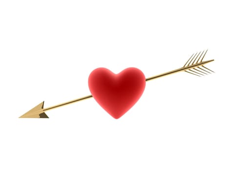 3d rendered illustration of a red heart hit by a golden arrow