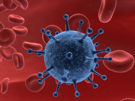 3d rendered close up of blood cells with a virus