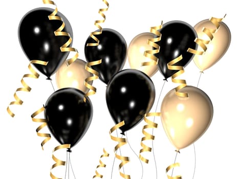 3d rendered illustration of flying balloons with golden ribbons