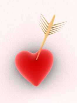 3d rendered illustration of a red heart hit by a golden arrow