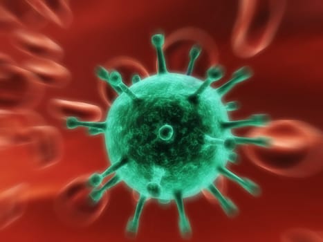 3d rendered close up of blood cells with a virus