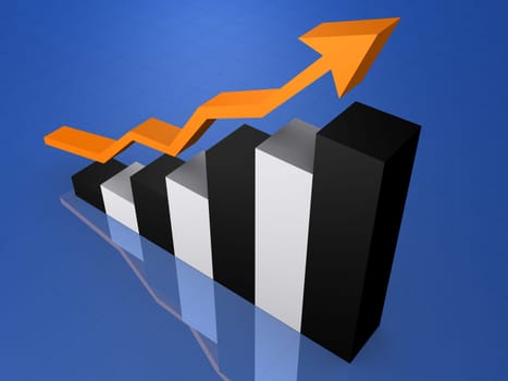 3d rendered illustration of a rising black and white statistic with an orange arrow