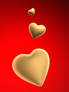 3d rendered illustration of some golden hearts on a red background