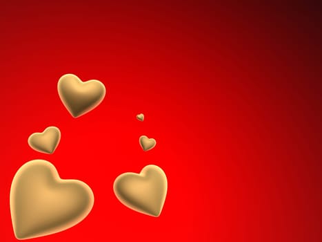3d rendered illustration of some golden hearts on a red background