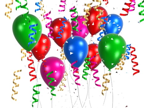 3d rendered illustration of colorful balloons and ribbons