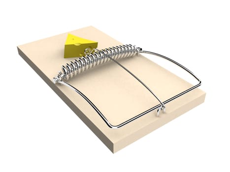 3d rendered illustration of a mouse trap with a piece of chees