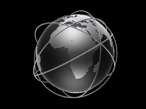 3drendered illustration of a silver globe model with rings