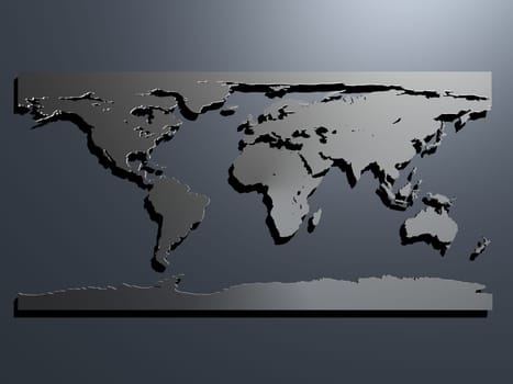 3d rendered illustration of a silver world map on a grey background