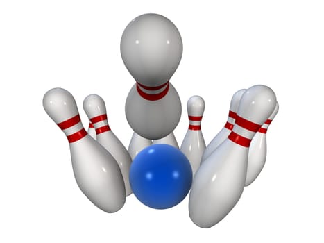 3d rendered illustration of some bowling pins and a blue ball