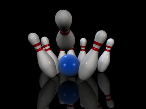 3d rendered illustration of some bowling pins and a blue ball