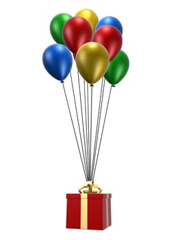 3d rendered illustration of a red present on colorful balloons