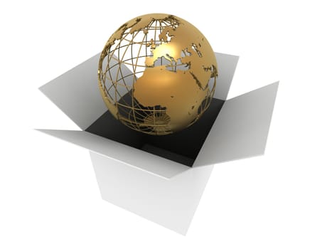 3d rendered illustration of a golden globe in a grey box