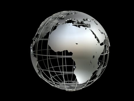 3d rendered illustration of a silver globe model on a black background