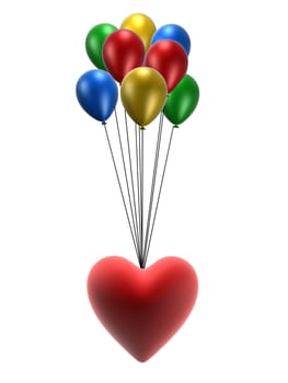 3d rendered illustration of a red heart on colorful balloons