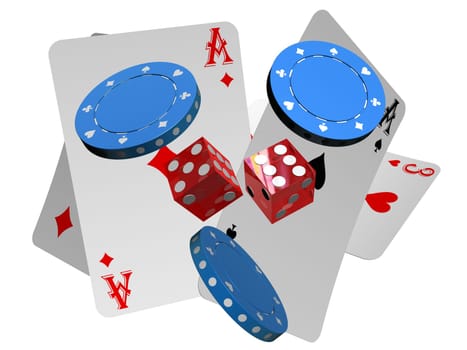 3d rendered illustration of cards, jetons and dice