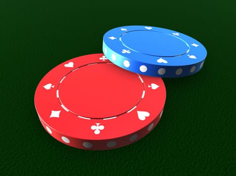 3d rendered illustration of one red and one blue jeton