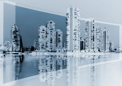 town on blue background