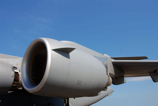 Closeup view of engine on military transport airplane C-17 Globemaster
