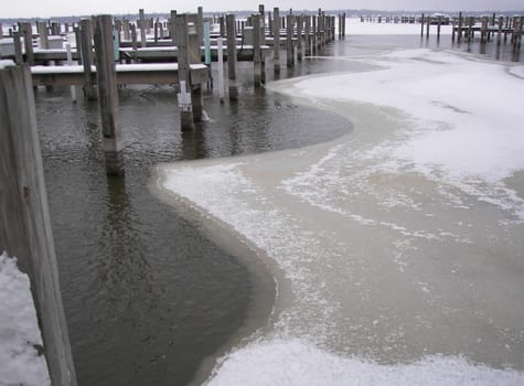 Ice formation along the marina slips.