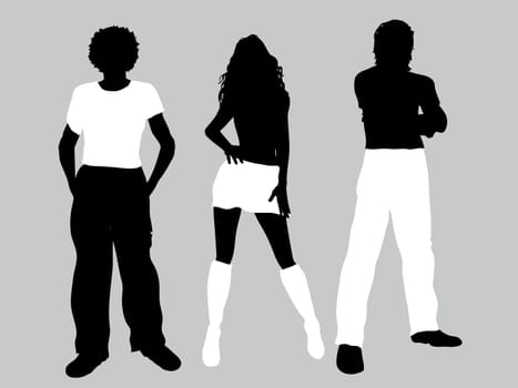 Silhouettes of hipster young people