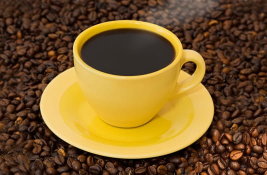 The warm cup of coffe on coffe-grass background