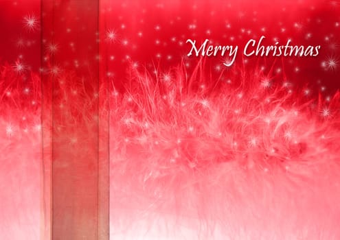 christmas illustration, merry christmas wording and falling snow, ribbon, feathers. red and feminine background decoration. festive collage / scrapbook style