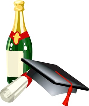 Graduation celebration related items  mitre cap, champagne and diploma, in vector file each is on a different layer for easy positioning