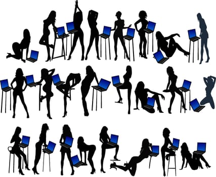 Girls and laptop computer - vector illustration