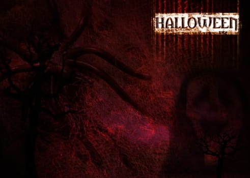 illustrative background of halloween with halloween wording, scary spider, frightening scream mask ghost... dark, very dark.