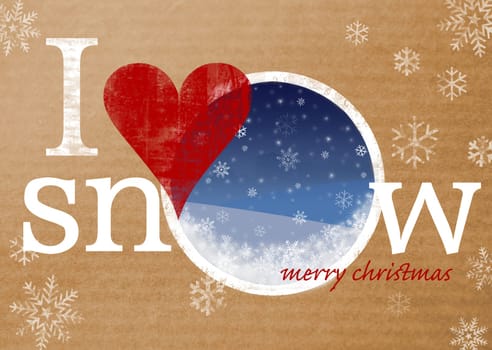 i love snow greeting card / wallpaper / background - retro style, faded and stressed artwork on parcel paper. traditional retro feel yet fresh modern style.