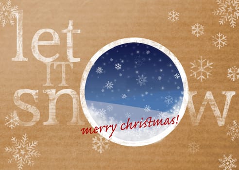 let it snow and merry christmas wording greeting card / wallpaper / background - retro style, faded and stressed artwork on parcel paper. traditional retro feel yet fresh modern style.