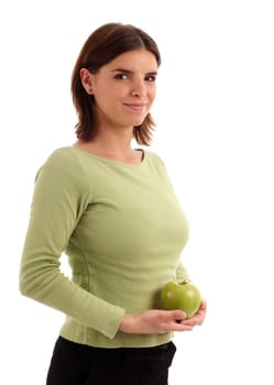 Young woman holding green apple, healthy life