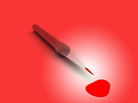 A computer created image of a medical scalpel with some blood.