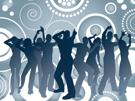 Silhouettes of people dancing on retro background