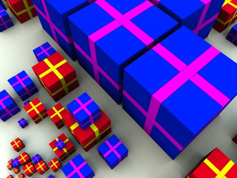 A computer created scene of some Christmas presents  or birthday presents.