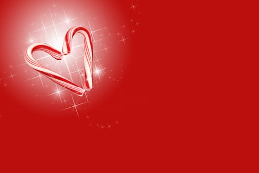 Candy canes in a heart shape on festive background.