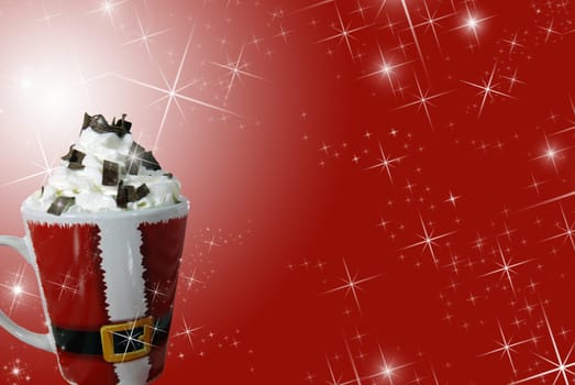 Santa mug filled with a warm beverage and whipped cream.