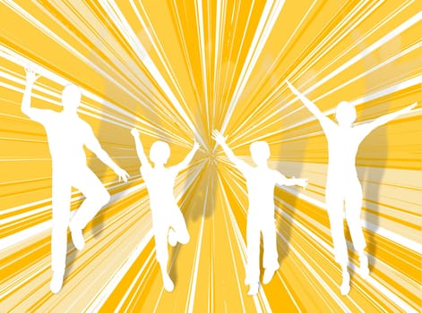 Family silhouette dancing and jumping for happiness