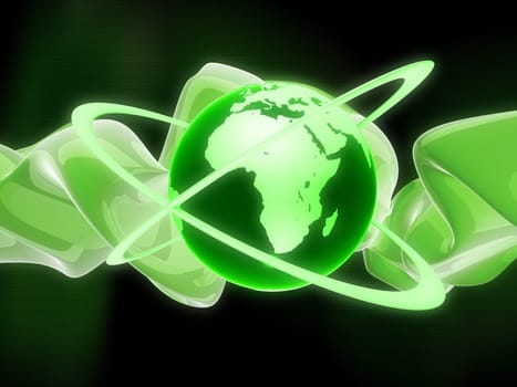 3d rendered illustration of a green shape and a green globe
