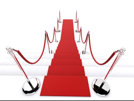 3d rendered illustration of a stair with a red carpet and metal barriers