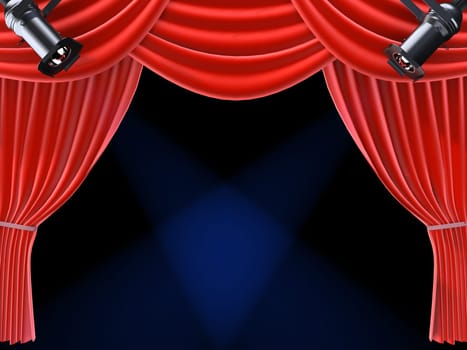 3d rendered illustration of a red theatre curtain with two spotlights