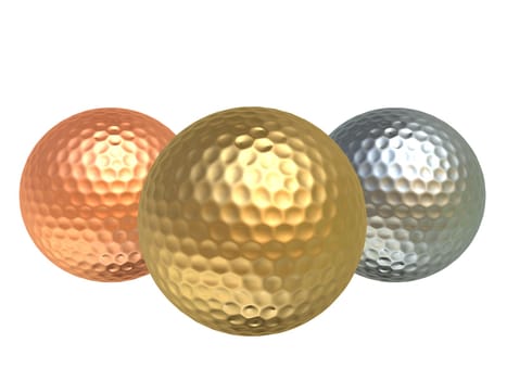 3d rendered illustration of one golden, one silver and one bronze golf ball