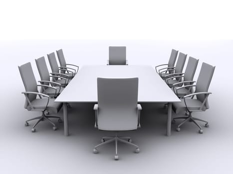 3d rendered black/white illustration of a conference table with chairs