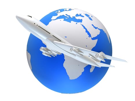 3d rendered illustration of a globe and a white plane