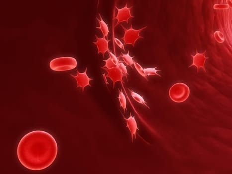 3d rendered illustration of an artery with platlets closing a wound