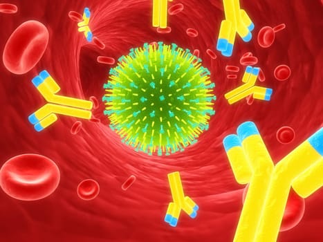 3d rendered illustration of an artery with blood cells, antibodies and an influenza virus