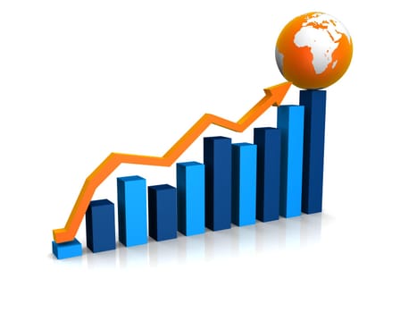 3d rendered illustration of a rising statistic with globe