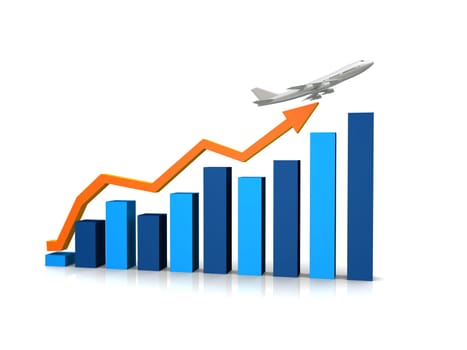 3d rendered illustration of a rising statistic with a plane